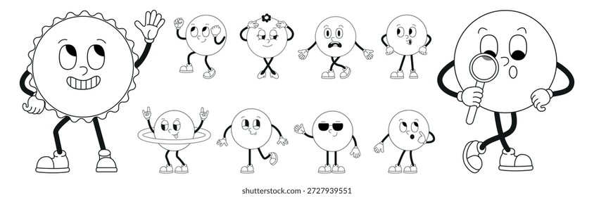 Groovy personajes de dibujos animados círculo diferentes emociones. Rondas divertidas, hombre y mujer. Círculos enojados, felices, mirando a través de la lupa. Conjunto de Vector de Elementos para colorear