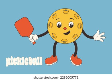 Groovy classic old cartoon. Funny cute comic character Pickleball with racket. 70s 60s aesthetics vintage. Retro style. For making posters, flyers, stickers, banner, card. Trendy vector illustration