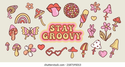 Groovy clipart collection. 70s hippies vibe illustration