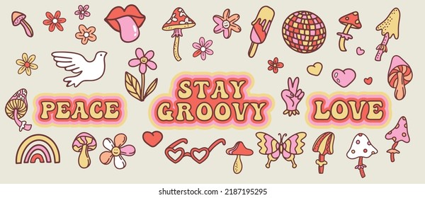 Groovy clipart collection. 70s hippies vibe illustration