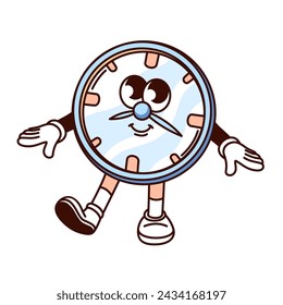 Groovy clock cartoon character with arrows on dial and cute face. Funny retro clock walking with friendly expression, time and deadline mascot, cartoon sticker of 70s 80s style vector illustration