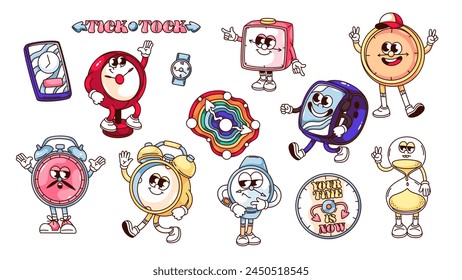 Groovy clock cartoon characters and stickers set. Funny retro alarm clock with hour and minute hands, hourglass with sand, smart watch. Cartoon time mascots of 70s 80s style vector illustration