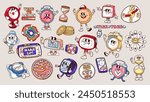 Groovy clock cartoon characters and time stickers set. Funny retro alarm clock and digital watch, wristwatch and sandglass. Cartoon typography badge and emoji of 70s 80s style vector illustration