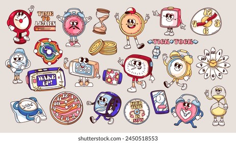 Groovy clock cartoon characters and time stickers set. Funny retro alarm clock and digital watch, wristwatch and sandglass. Cartoon typography badge and emoji of 70s 80s style vector illustration