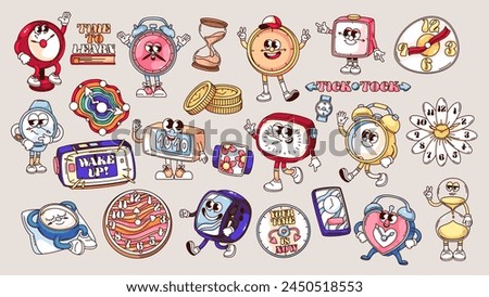 Groovy clock cartoon characters and time stickers set. Funny retro alarm clock and digital watch, wristwatch and sandglass. Cartoon typography badge and emoji of 70s 80s style vector illustration