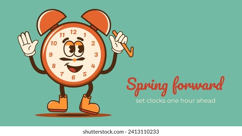 Groovy clock Daylight Saving Time banner. Happy face turn to summertime. Spring Forward reminder. Vector illustration in cartoon style.