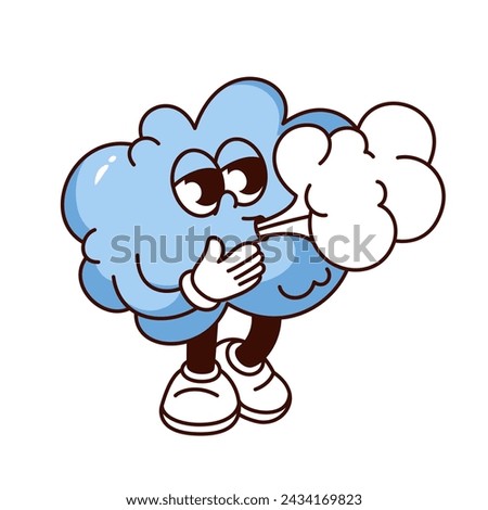 Groovy cloud cartoon character with blowing wind. Funny retro cloud standing to blow air with mouth on cute face, windy weather mascot, cartoon gust sticker of 70s 80s style vector illustration