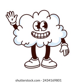 Groovy cloud cartoon character greeting with funky smile. Funny retro white bubble cloud showing happy grin with teeth, cloudy weather mascot, cartoon sticker of 70s 80s style vector illustration