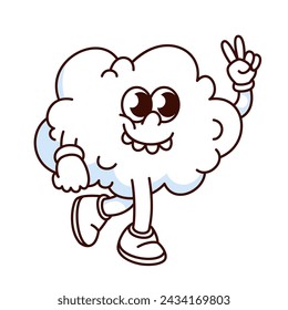 Groovy cloud cartoon character with hippie gesture of victory and peace. Funny retro white cloud smiling with teeth, cloudy weather mascot, cartoon sticker of 70s 80s style vector illustration