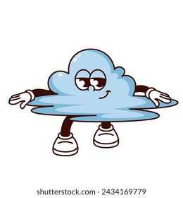 Groovy cloud cartoon character with satisfied expression. Funny retro fluffy cloud blowing in wind, standing with smile. Cloudy weather mascot, cartoon sticker of 70s 80s style vector illustration