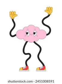 Groovy cloud with wavy arms and legs 2D linear cartoon character. Weather mascot dancing isolated line vector personage white background. Trendy retro shape smiling color flat spot illustration