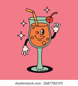 Personagem de coquetel Groovy com uma cereja. Ilustração de vetor plano.
