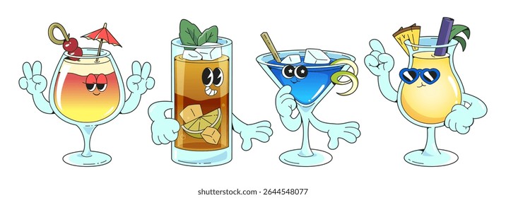 Groovy cocktail characters with cartoon faces and arms - tropical sunrise drink waving peace signs, mojito glass, blue martini, yellow pina colada with pointing finger gesture. Retro beverage mascots.