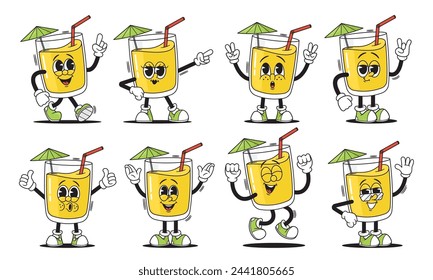 Groovy Cocktail Cup Character Vibrant Animation Set. Cartoon Glass with Umbrella, Straw, Smile and Retro Flair
