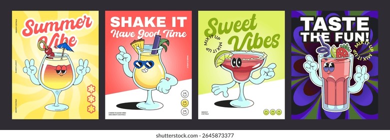 Groovy cocktail poster designs with retro characters - summer vibe tropical drinks in glasses with vintage typography. fun psychedelic beverages dancing, waving hands, showing peace gestures.