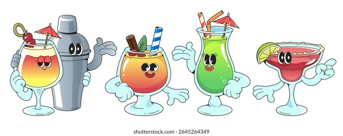 Coquetel Groovy definido com personalidades cartoon - bebidas tropicais com olhos expressivos, mãos enluvadas fazendo gestos. Óculos com bebidas de praia de verão sorrindo, abraçando, abanando braços e apontando.