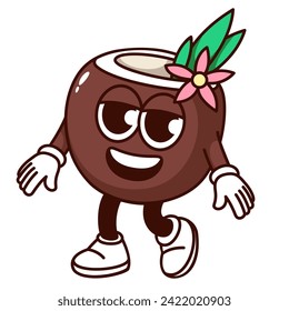 Groovy coconut character walking. Funny retro nut, mascot smiling, cartoon coconut drink emoji and cocktail sticker of 70s 80s style vector illustration