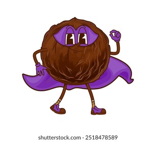 Personaje de superhéroe de coco estupendo. Personaje de Vector Guardar de dibujos animados con confianza en la nuez tropical vestido con un traje púrpura vibrante, listo para desafiar y pasar el día con una fuerza increíble y súper poder