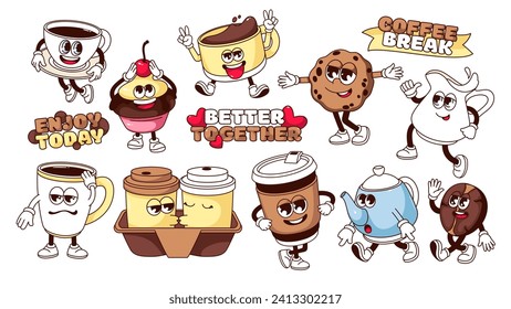 Groovy coffee break cartoon characters, typography patches set. Funny coffee bean and takeaway mug, tea pot and milk jug, cookie and cake retro cartoon mascots, stickers of 70s 80s vector illustration