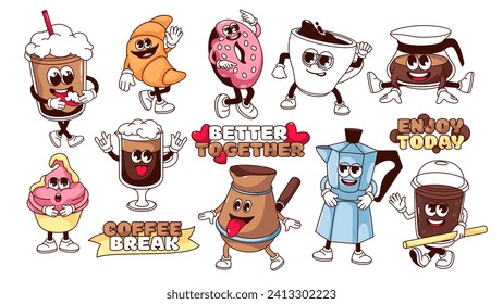 Groovy coffee break cartoon characters set. Funny hot coffee cups and breakfast cupcake, croissant and donut in cafe menu and pots cartoon mascots, stickers collection of 70s 80s vector illustration