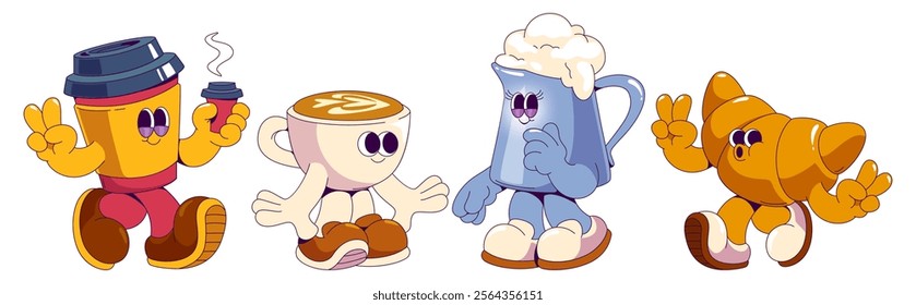 Groovy coffee character mascots set - disposable cup wearing boots showing peace sign gesture, ceramic mug with latte art surface, steaming jug filled with foam, croissant pastry making victory pose.