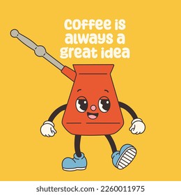Groovy coffee character old classic cartoon style. Retro Mascot Vintage Coffee Character Illustration