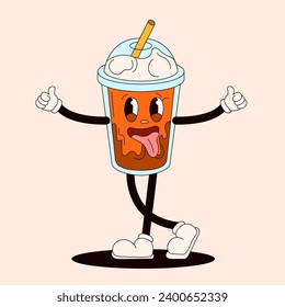 Groovy coffee character shows thumbs up. Vintage mascot in doodle style. Vector illustration isolated on a peach background.