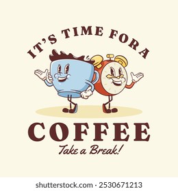 Groovy Coffee Cup and Alarm Clock Retro Character Label. Cartoon Food Paper Cup Walking and Smiling. Vector Fast Food Morning Drink Beverage Mascot Template. Happy Vintage Cool Illustration Isolated