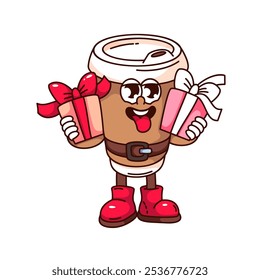 Groovy coffee cup cartoon character holding Christmas gift boxes. Funny retro container with tongue sticking out. Christmas coffee, present mascot, cartoon sticker of 70s 80s style vector illustration