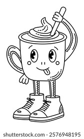 Groovy coffee cup character, black line vector doodle, trendy playful cartoon little man in big shoes. Shake your mind, be ready for change. Illustration for the National Coffee Day, editable stroke