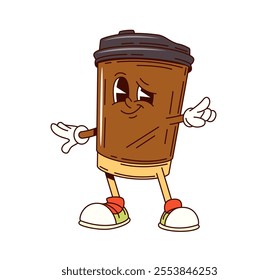 Groovy coffee cup character with cheerful expression, posing with a pointing sign. Isolated cartoon vector retro disposable fast food mug filled with hot drink, playful smiling face and winking eye