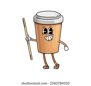 Groovy coffee cup character. Isolated cartoon vector retro coffee drink, disposable cardboard mug personage with cheerful face and straw in its hand, exudes laid back funky vibes making mornings fun