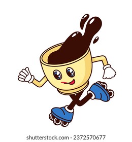 Groovy coffee cup character vector illustration. Cartoon isolated glass mug with pouring hot drink, skates and funny happy smile on psychedelic face roller skating, coffee mascot with arms and legs