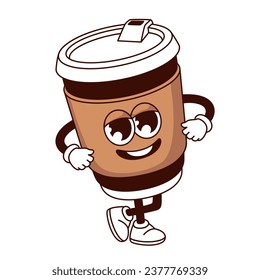 Ilustración vectorial del personaje de la taza de café Groovy. Caricatura pegatina retro aislada de papel feliz o taza de plástico con gorra y sonrisa en la cara, mascota con brazos y piernas, bebida para tomar el café