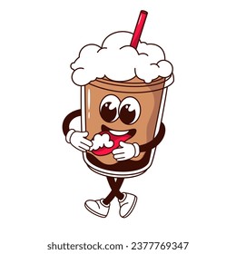 Groovy coffee cup character vector illustration. Cartoon isolated retro sticker of happy transparent takeaway mug with cold coffee and straw, milkshake or chocolate drink with arms and legs walking