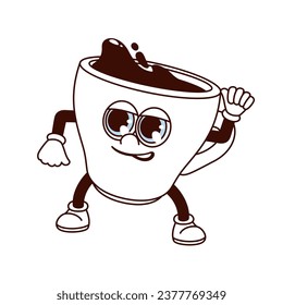 Groovy coffee cup character vector illustration. Cartoon isolated retro funny sticker of strong coffee glass mug with arms and legs, morning espresso mascot with fist up positive gesture of strength