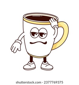 Groovy coffee cup character vector illustration. Cartoon isolated retro sleepy exhausted mascot with hot morning espresso, coffee for breakfast with arms and legs, tired comic expression on funny face