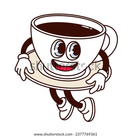 Groovy coffee cup character vector illustration. Cartoon isolated retro funny sticker of cute cup mascot holding saucer to dance, walking glass mug emoji with smile on happy face, arms and legs