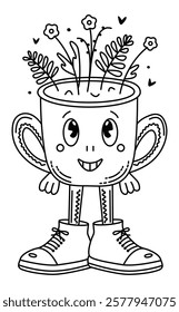 Groovy coffee cup character, whimsical pot with plants, black line vector doodle, trendy playful cartoon of a little man in big shoes, editable stroke illustration