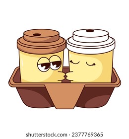 Groovy coffee cup characters kiss vector illustration. Cartoon isolated retro funny sticker of morning drink, happy couple of paper or plastic mugs kissing with love, cute romantic coffee container