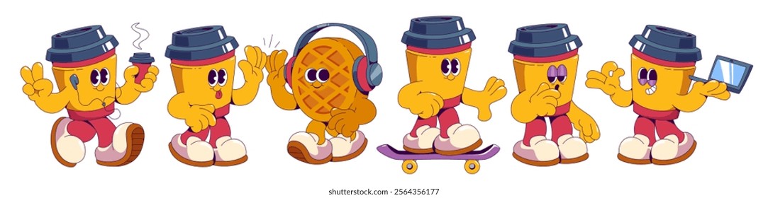 Groovy coffee cup characters set isolated on white. Contemporary vector cartoon illustration of retro style to-go paper mug and waffle giving high five, listening music, skating, using laptop, yawning