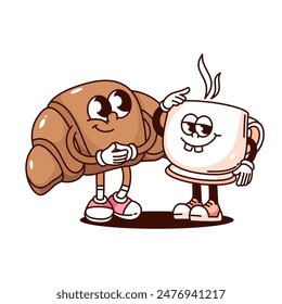 Groovy coffee cup and croissant cartoon characters friends. Funny retro morning food and drink standing together, breakfast mascot, cartoon coffee and dessert sticker of 70s 80s vector illustration