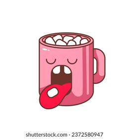 Groovy coffee cup with marshmallow character vector illustration. Cartoon isolated psychedelic retro sticker of hot chocolate mug with trippy face, funky open mouth and marshmallow candy on tongue