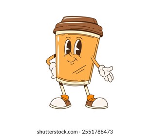 Groovy taza de café personaje de dibujos animados retro, Vector de bebida para llevar divertido. Emoji de taza de papel de café o chocolate caliente con cara divertida y sonrisa para bebida de comida rápida o personaje de dibujos animados retro divertido