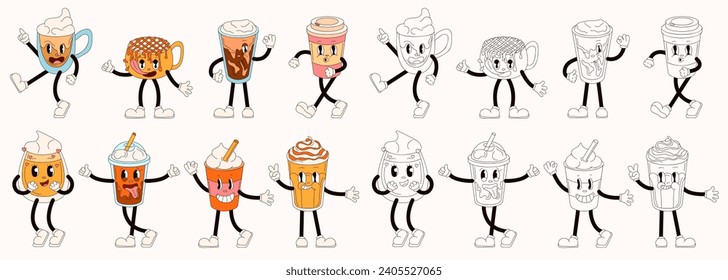 Groovy coffee drinks characters set in groovy style. Characters with smiles for coloring book. Glasses, mugs, paper cups mascot element collection. Vector illustration isolated on a beige background.