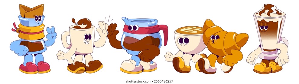 Groovy coffee mascot characters collection - maker showing victory sign, ceramic mug and full pot making give five gesture, latte cup with croissant hugging, latte glass topped with whipped cream.