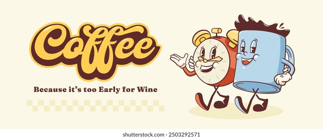 Groovy Coffee Mug and Alarm Clock Retro Character Banner. Cartoon Food Cup Walking and Smiling. Vector Fast Food Drink Beverage Mascot Template. Happy Vintage Cool Illustration. Isolated