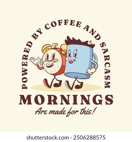 Groovy Coffee Mug and Alarm Clock Retro Character Label. Cartoon Food Cup Walking and Smiling. Vector Fast Food Drink Beverage Mascot Template. Happy Vintage Cool Illustration. Isolated