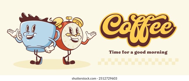 Groovy Coffee Mug and Alarm Clock Retro Character Banner. Cartoon Food Cup Walking and Smiling. Vector Fast Food Drink Beverage Mascot Template. Happy Vintage Cool Illustration. Isolated