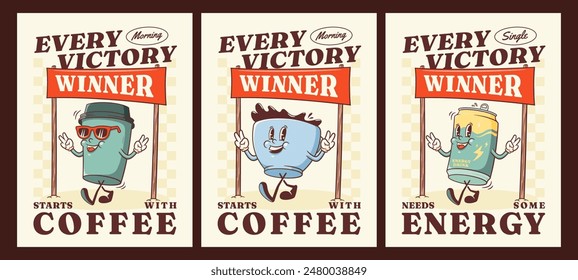 Groovy Coffee Mug Paper Cup and Energy Drink Retro Characters Posters Set. Cartoon Cups and Can under Winner Poster Vector Fast Food Beverage Mascot Victory Template. Vintage Cool Illustrations